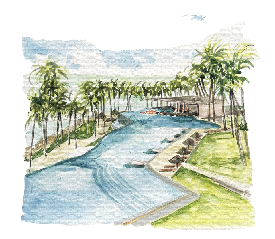 Watercolor illustration of Carmel Taíba — the wedding property
